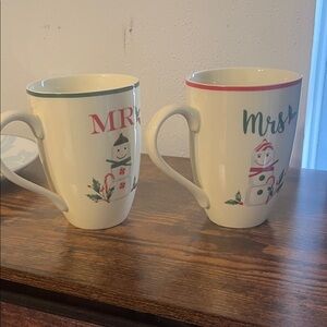 Lenox Mr. and Mrs. Snowman Mugs - Red and Green Accents